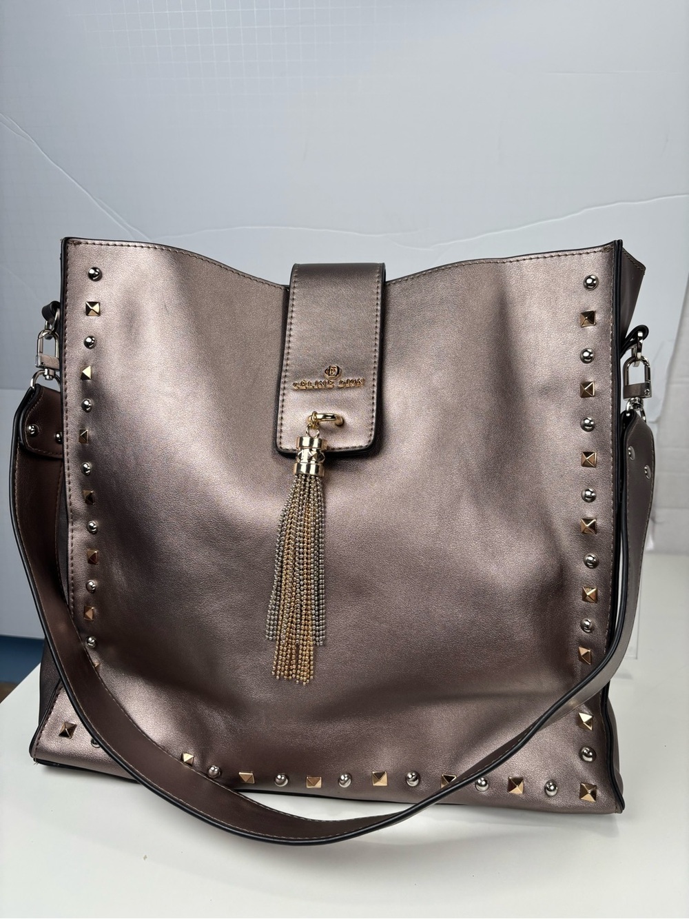 Celine Dion Metallic Pewter Studded Hobo Shoulder Bag with Beaded Tassel